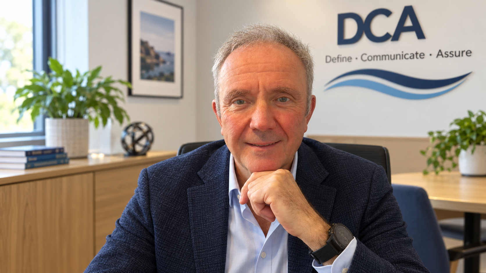 David Bowman | DBasc Consultancy – Define, Communicate, Assure David Bowman in smart casual clothing in a modern office with Define, Communicate, Assure branding.